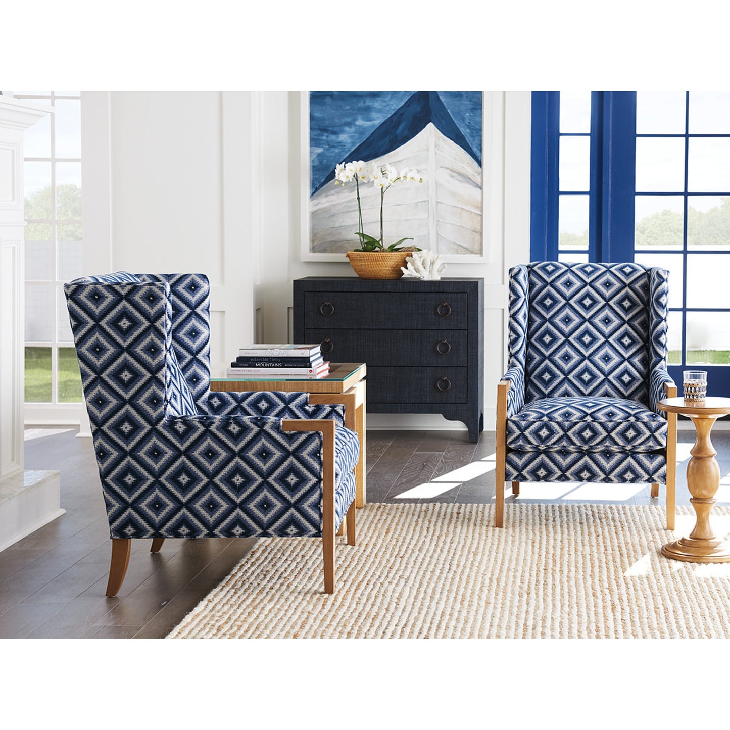 003 SR-835027 | Lifestyle | Stratton Wing Chair by Lexington in blue diamond. Made from unique in a coastal style.