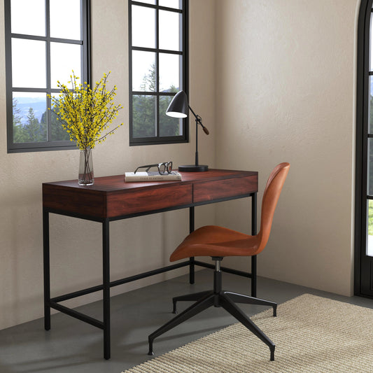 Carl 45" Wood and Metal Writing Desk by Butler Specialty Company in medium brown and chestnut. Made from mango wood, mango veneer, mdf, plywood, metal in a modern style.