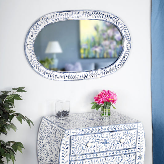 Trubadur Mirror by Butler Specialty Company in white and blue and blue, white bone. Made from bone inlay, mdf, resin, mango wood in a cottage & farmhouse style.