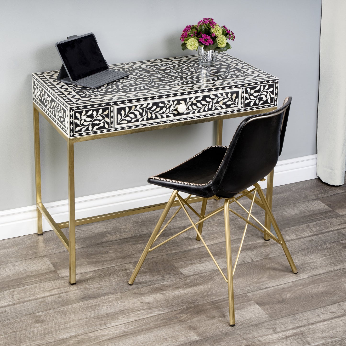010 SR-910333 | Lifestyle | Perilla Writing Desk by Butler Specialty Company in black and white,gold and black bone. Made from bone inlay, mdf, resin, iron, mango wood in a eclectic & global style.