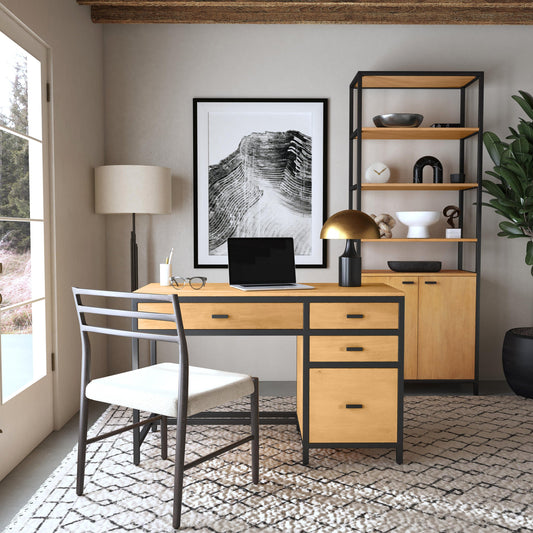 Hans Desk by Butler Specialty Company in natural. Made from mango wood, gamelina veneer, mdf, iron, bronze in a modern style.