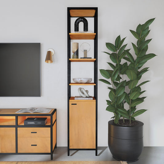 Hans Etagere by Butler Specialty Company in natural. Made from mango wood, gamelina veneer, mdf, iron, bronze in a modern style.