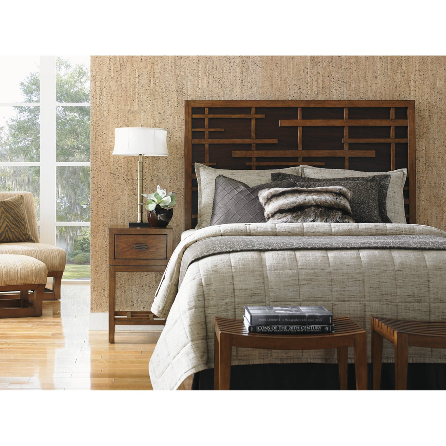 002 SR-836429,SR-836430,SR-836431 | Lifestyle | Shanghai Panel Headboard by Tommy Bahama Home in dark walnut. Made from unique in a transitional style.