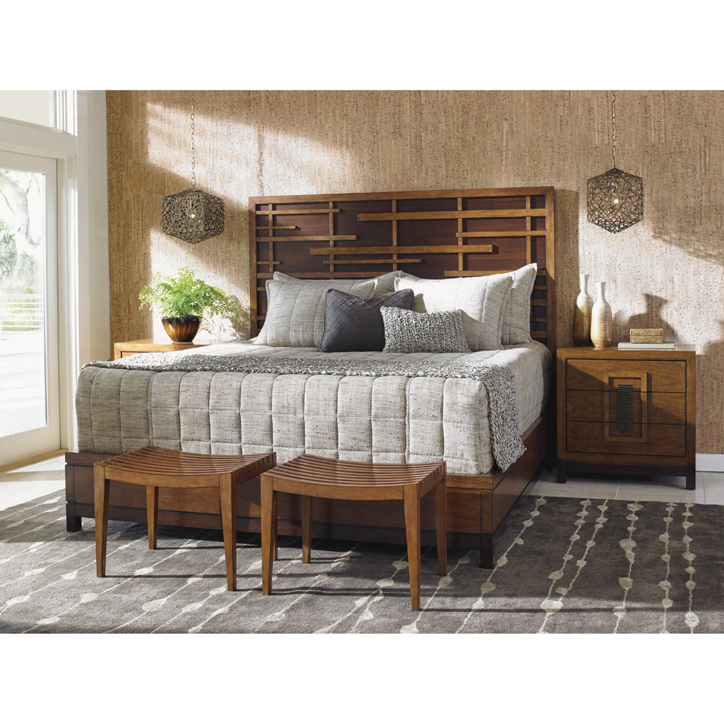 002 SR-836426,SR-836427,SR-836428 | Lifestyle | Shanghai Panel Bed by Tommy Bahama Home in dark walnut. Made from unique in a transitional style.