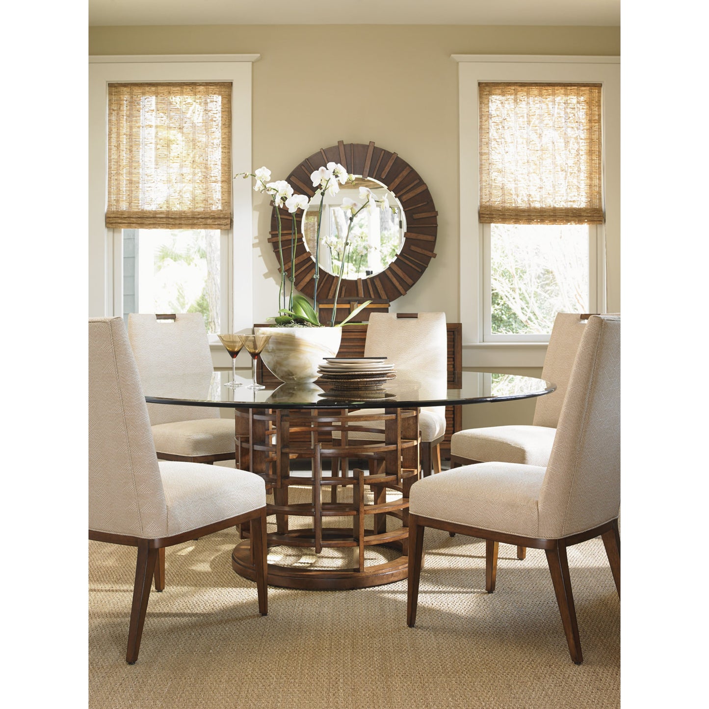005 SR-836268,SR-836269 | Lifestyle | Meridien Round Dining Table by Tommy Bahama Home. Made from unique in a modern style.