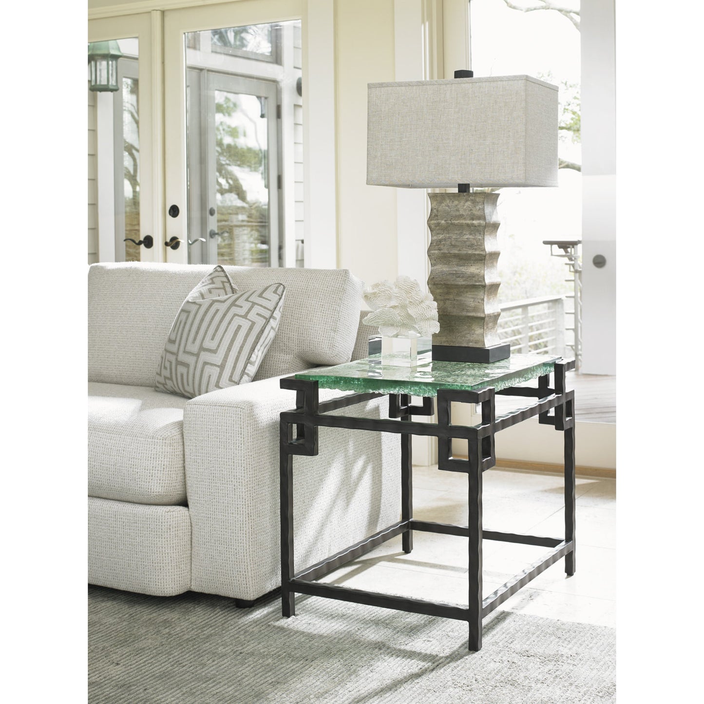 004 SR-836144 | Lifestyle | Hermes Reef Glass Top End Table by Tommy Bahama Home. Made from unique in a modern style.