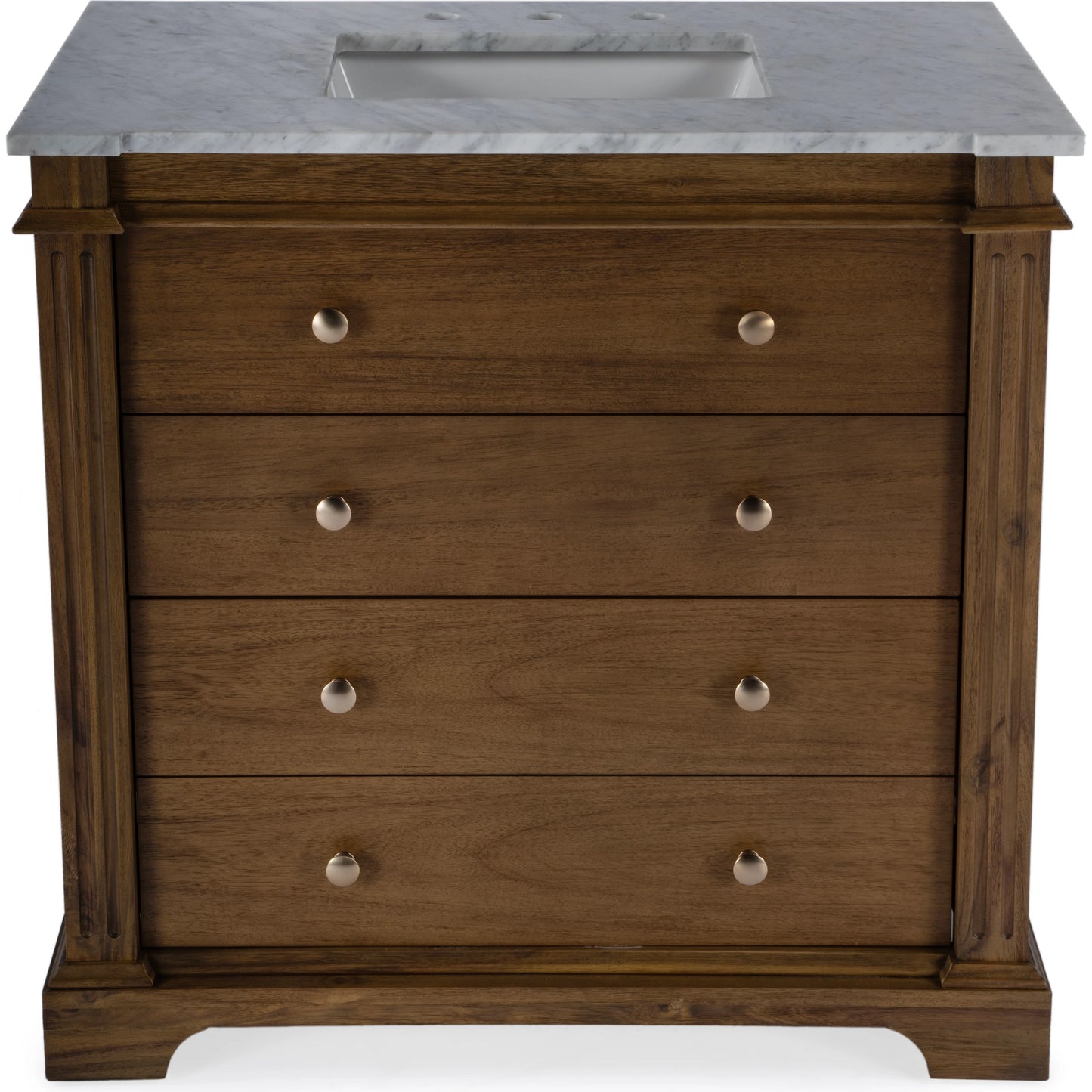 004 SI-2155860 | Additional Silo | Hanson Bathroom Vanity by Butler Specialty Company in medium brown and brown. Made from acacia: 32%, mdf: 68%, sink: made of ceramics, countertop: carrara marble knob: antimony metal in a traditional style.