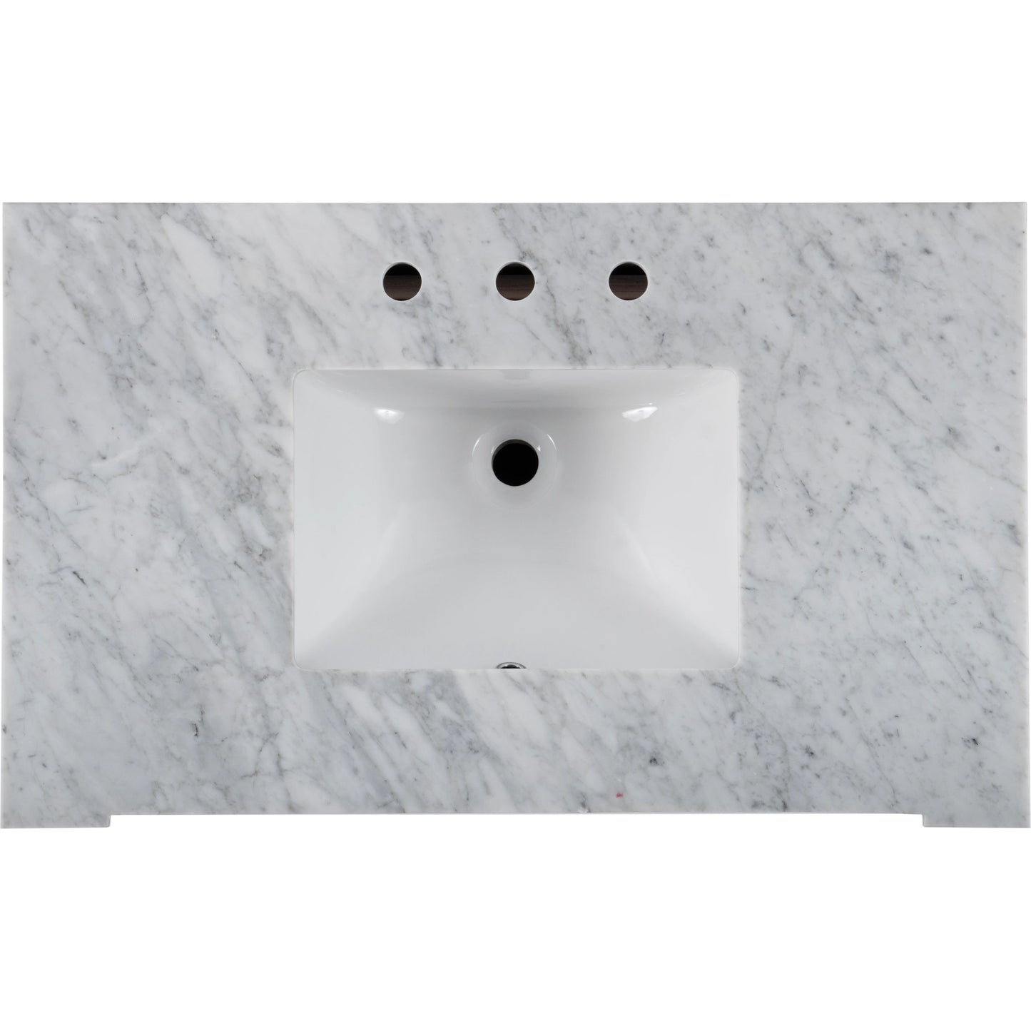 007 SI-2155860 | Closeup | Hanson Bathroom Vanity by Butler Specialty Company in medium brown and brown. Made from acacia: 32%, mdf: 68%, sink: made of ceramics, countertop: carrara marble knob: antimony metal in a traditional style.