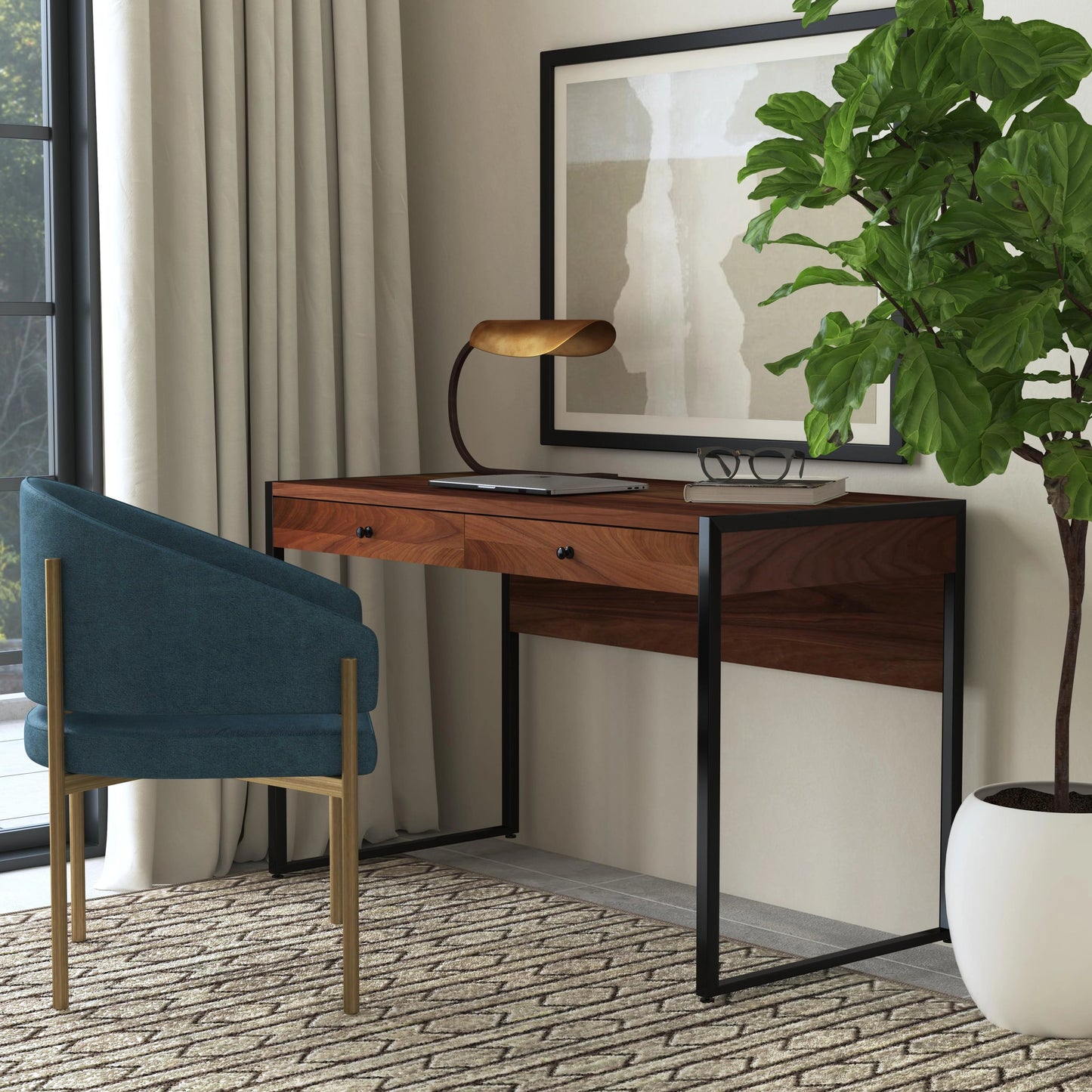 002 SI-2021926 | Lifestyle | Drake 2-Drawer Writing Desk by Butler Specialty Company in brown and walnut. Made from mdf, walnut veneer, steel in a modern style.