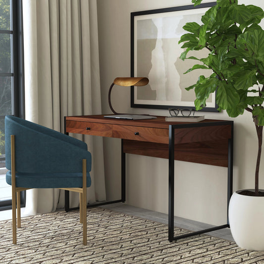 Drake 2-Drawer Writing Desk by Butler Specialty Company in brown and walnut. Made from mdf, walnut veneer, steel in a modern style.