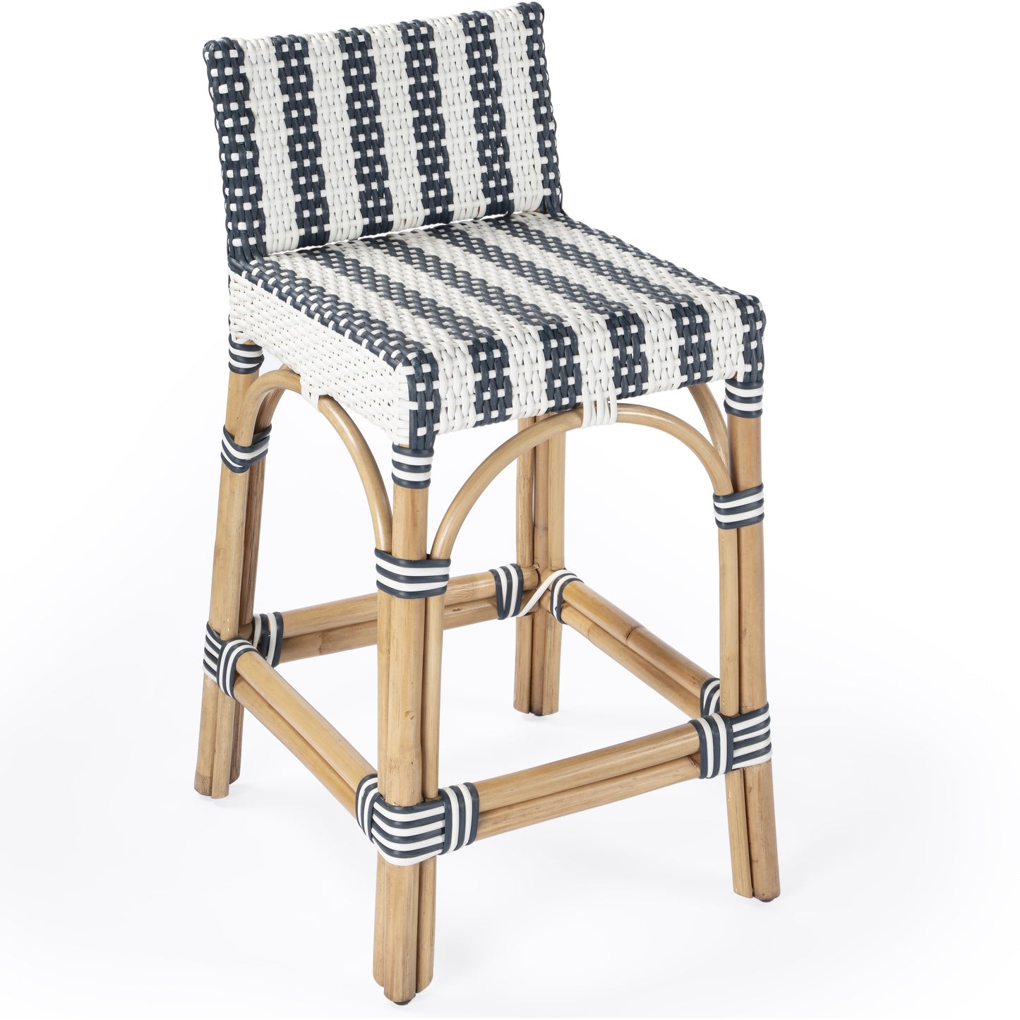 001 SI-1822358 | Additional Silo | Serienna Counter Stool by Butler Specialty Company in white and navy stripe and blue. Made from rattan, polyurethane synthetic rattan in a coastal style.