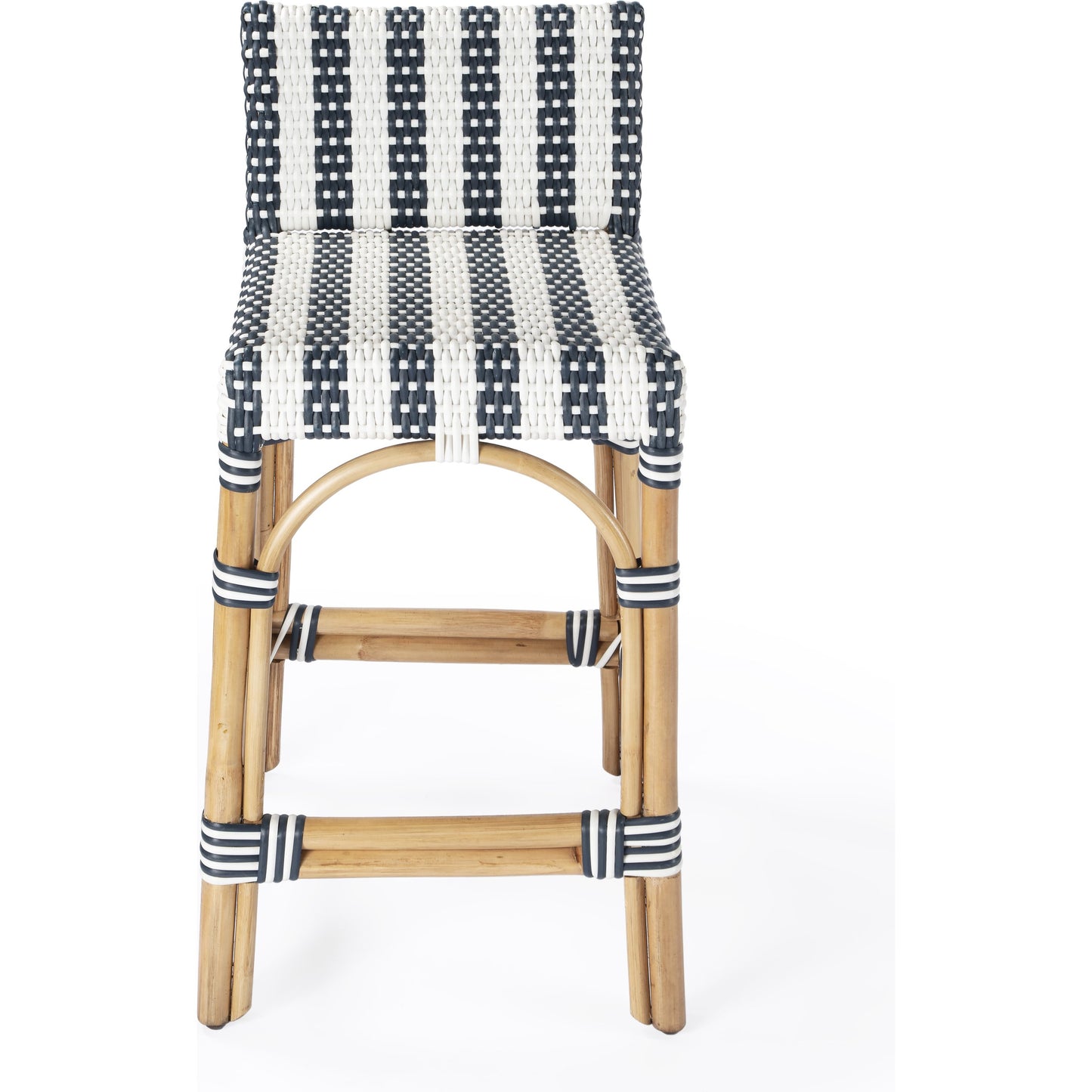 002 SI-1822358 | Additional Silo | Serienna Counter Stool by Butler Specialty Company in white and navy stripe and blue. Made from rattan, polyurethane synthetic rattan in a coastal style.