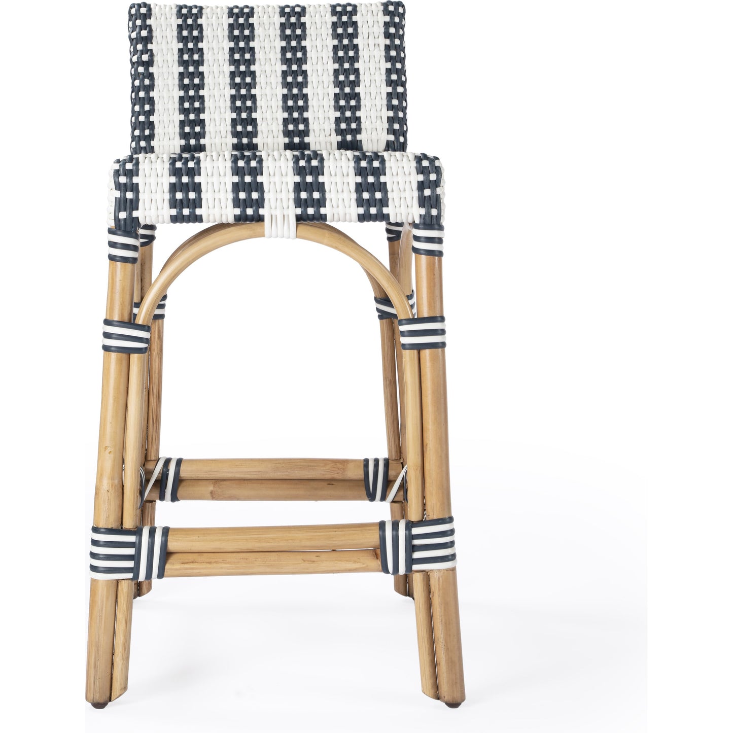 003 SI-1822358 | Additional Silo | Serienna Counter Stool by Butler Specialty Company in white and navy stripe and blue. Made from rattan, polyurethane synthetic rattan in a coastal style.