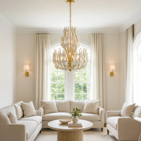 Petal Court 9 Light Pendant by Varaluz in gold. Made from steel, glass in a unique style.