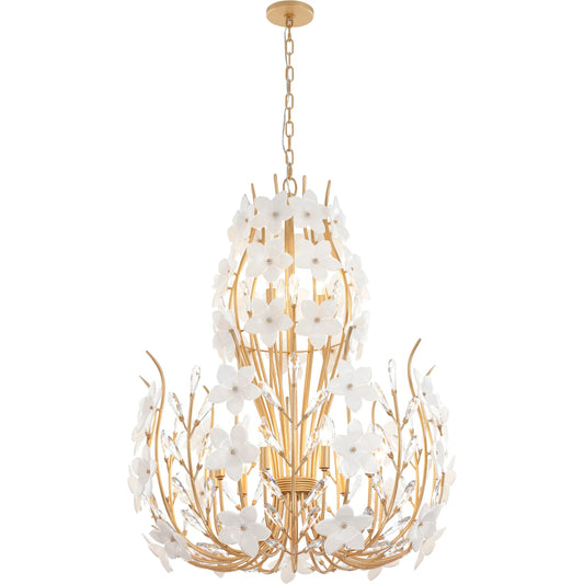 001 SI-2537018 | Primary Silo | Petal Court 9+3 Light Chandelier by Varaluz in gold. Made from steel, glass in a unique style.