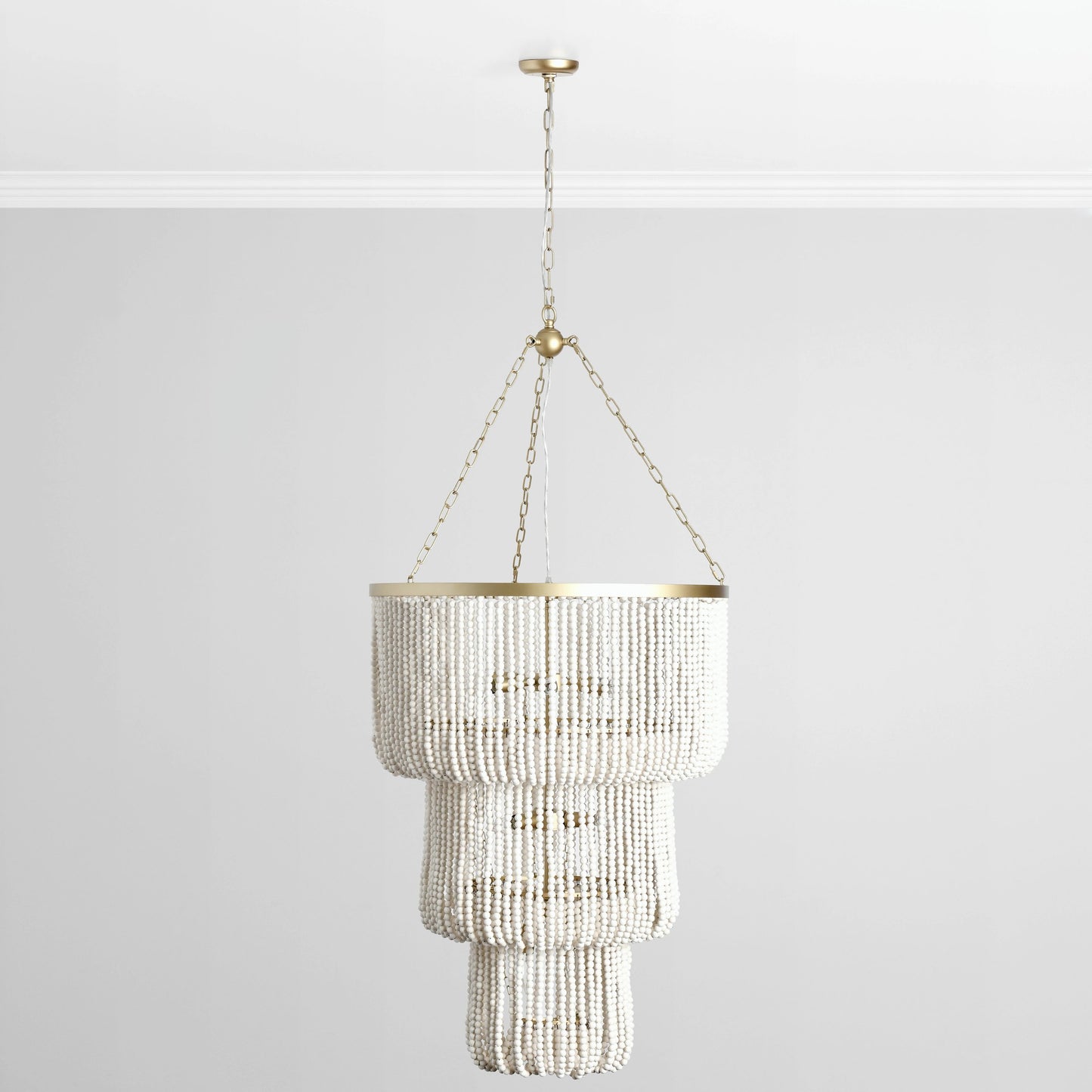 002 SI-2162531 | Closeup | Amanda White Beaded Chandelier by Classic Home in white. Made from wood beads in a cottage & farmhouse style.