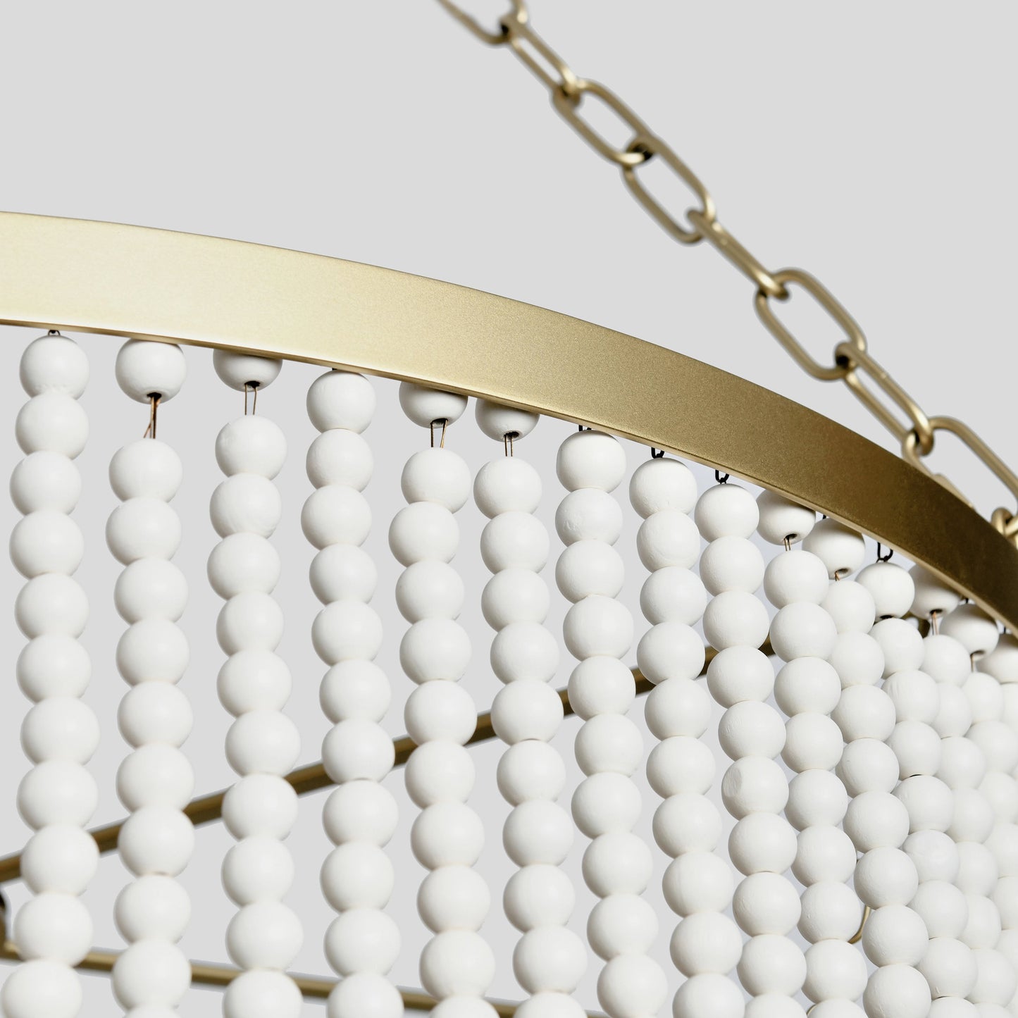 004 SI-2162531 | Closeup | Amanda White Beaded Chandelier by Classic Home in white. Made from wood beads in a cottage & farmhouse style.