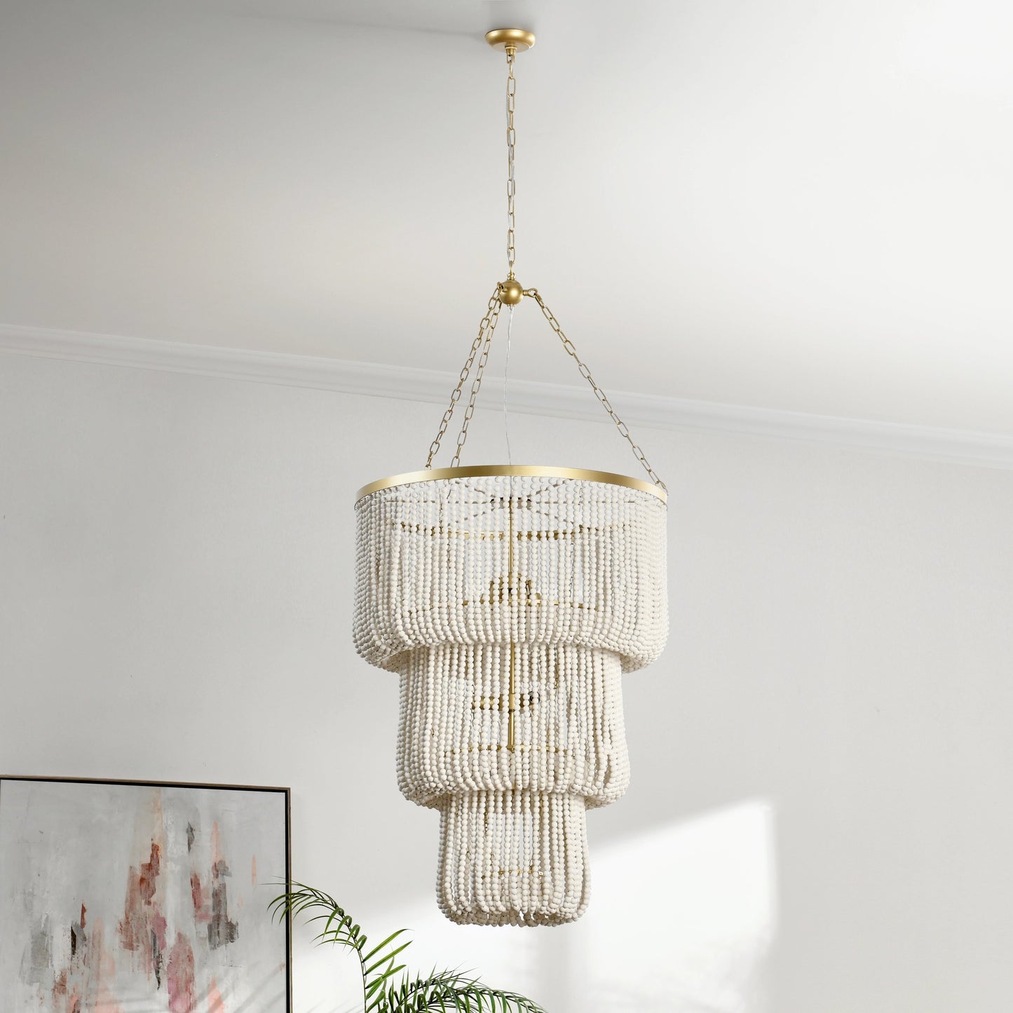 007 SI-2162531 | Closeup | Amanda White Beaded Chandelier by Classic Home in white. Made from wood beads in a cottage & farmhouse style.