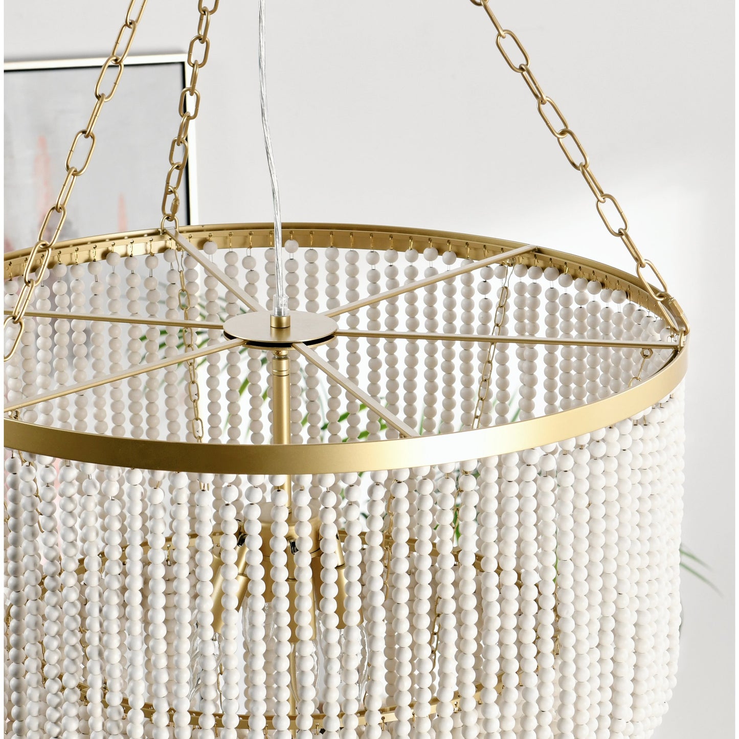 008 SI-2162531 | Closeup | Amanda White Beaded Chandelier by Classic Home in white. Made from wood beads in a cottage & farmhouse style.