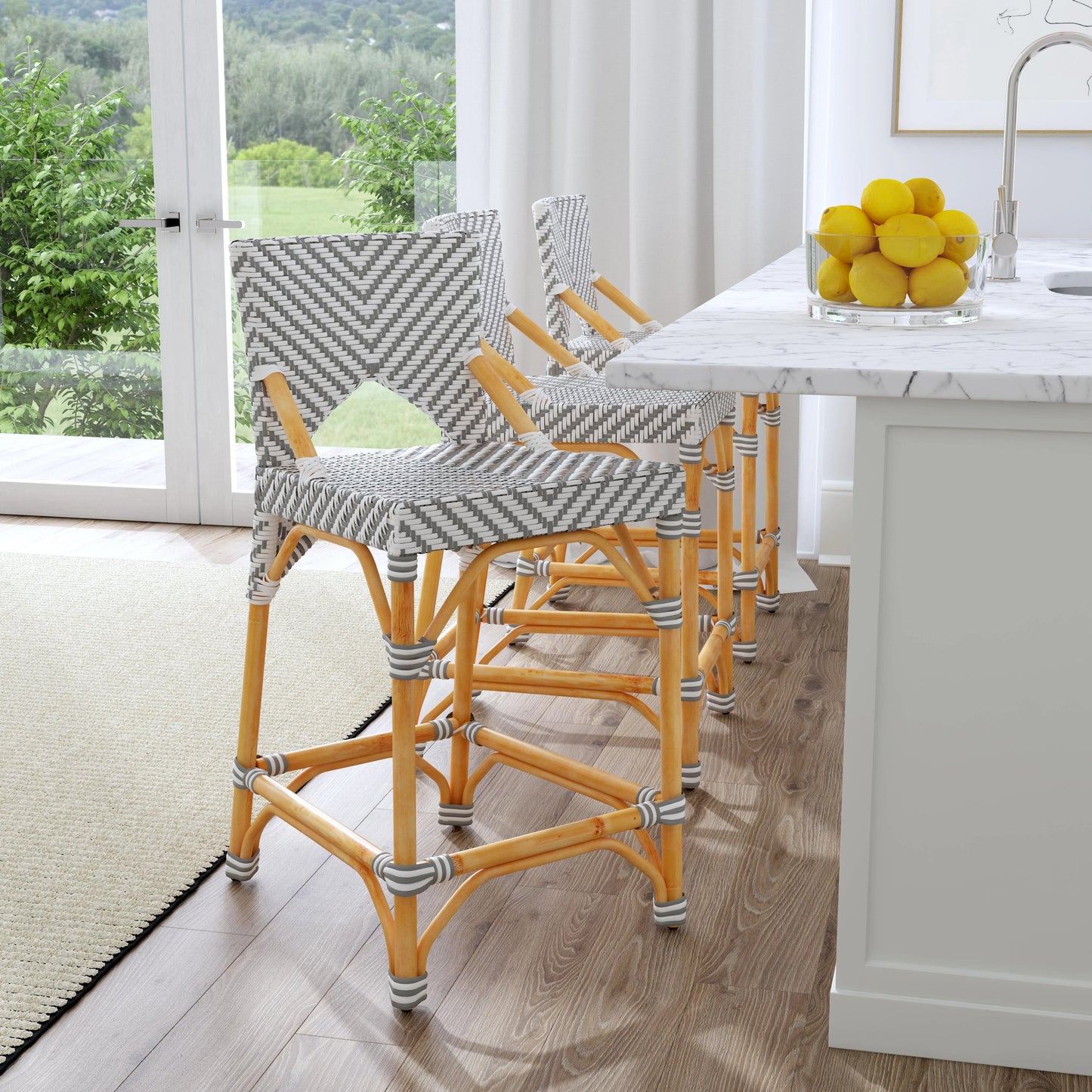 009 SI-1822261 | Lifestyle | Creanly Counter Stool by Butler Specialty Company in gray and grey. Made from natural rattan, plastic pu in a coastal style.