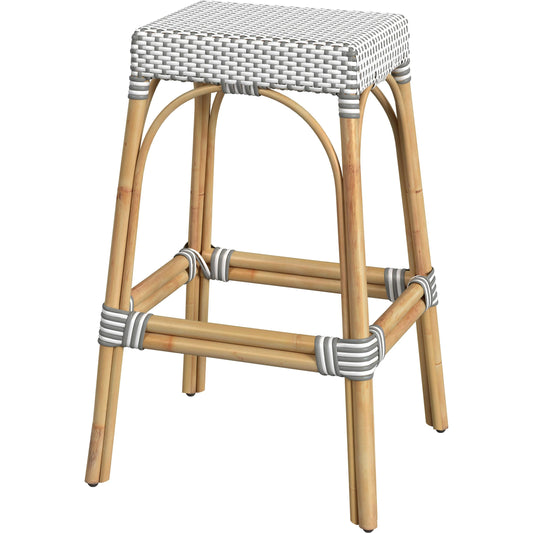 Robias Bar Stool by Butler Specialty Company. Made from natural rattan, synthetic weave in a coastal style.