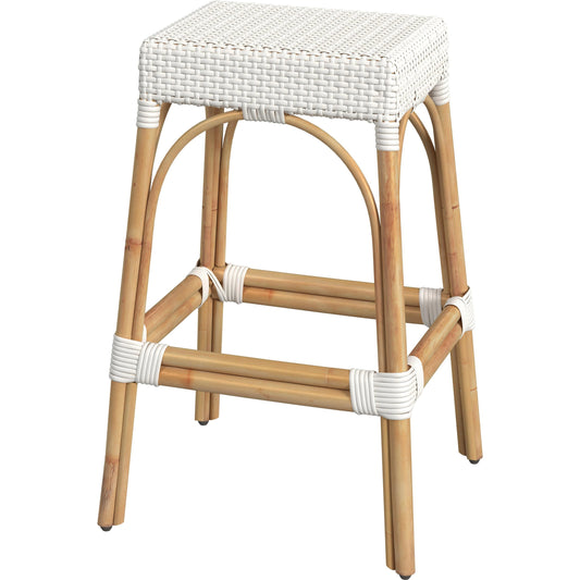 Robias Bar Stool by Butler Specialty Company. Made from natural rattan, synthetic weave in a coastal style.