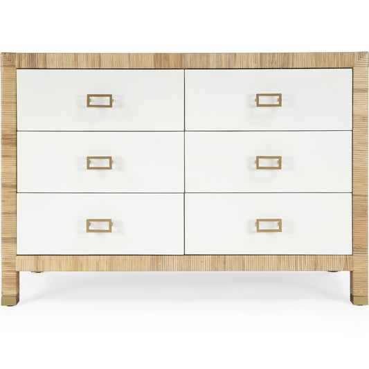 Corfu Dresser by Butler Specialty Company in natural and white and cosmopolitan. Made from wood, plywood, rattan split, aluminum in a modern style.