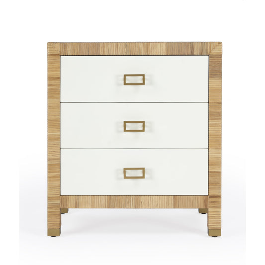 Corfu Chest by Butler Specialty Company in natural and white and cosmopolitan. Made from wood, plywood, rattan split, aluminum in a modern style.
