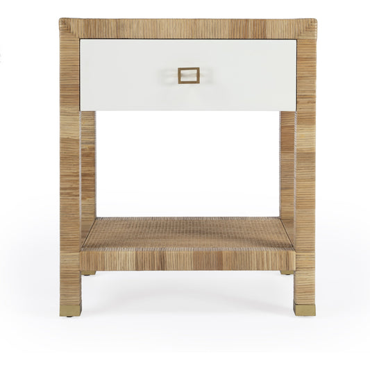 Corfu Nighstand by Butler Specialty Company in natural and white and cosmopolitan. Made from wood, plywood, rattan split, aluminum in a modern style.