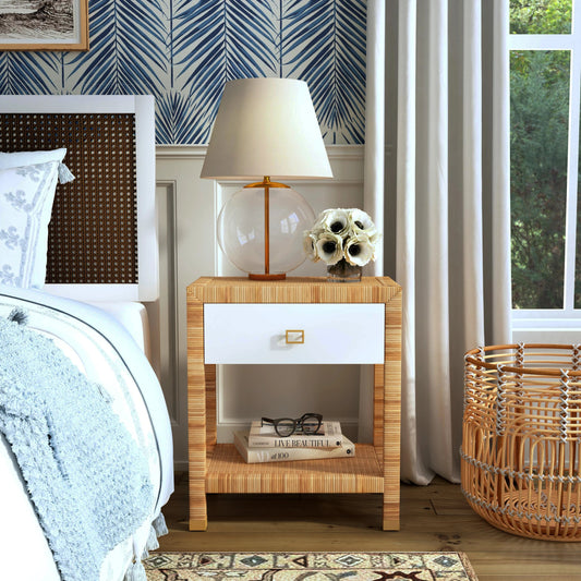 Corfu Nighstand by Butler Specialty Company in natural and white and cosmopolitan. Made from wood, plywood, rattan split, aluminum in a modern style.