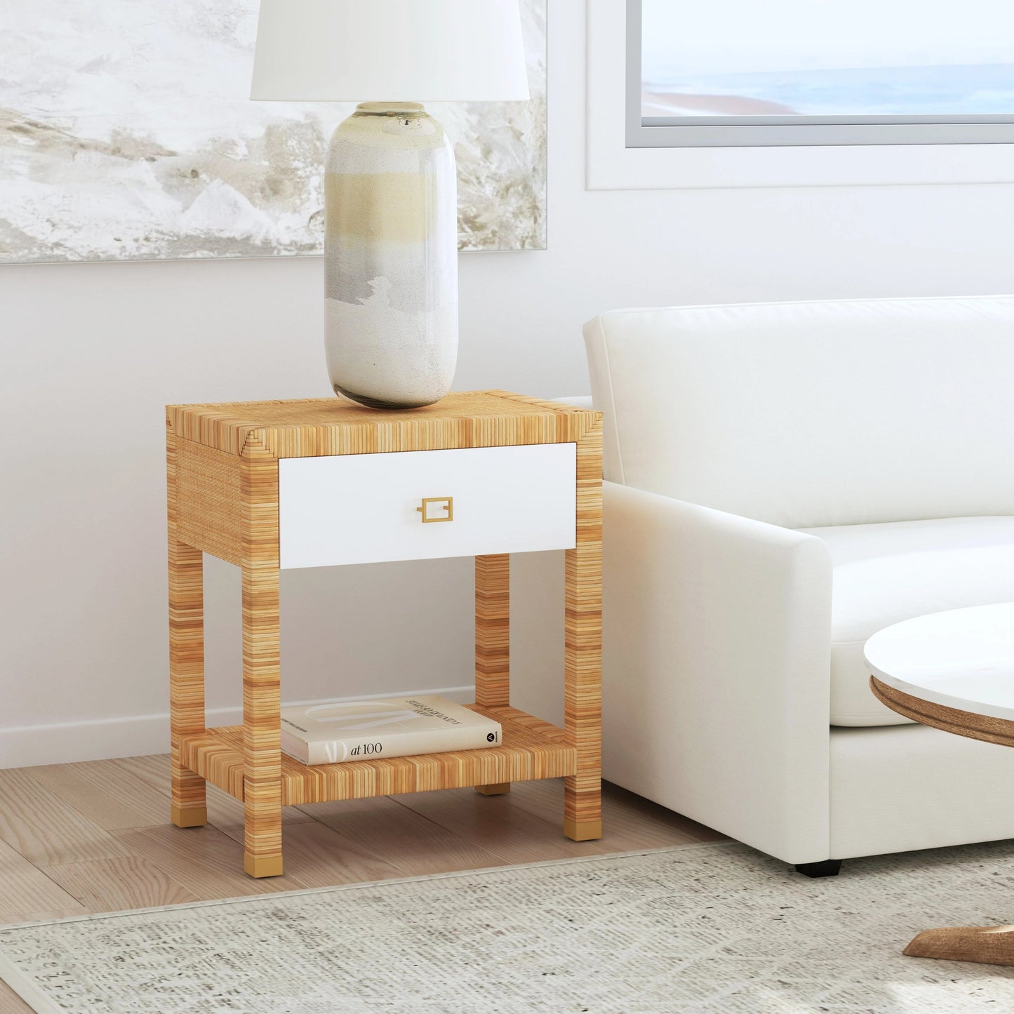009 SI-1822260 | Lifestyle | Corfu Nighstand by Butler Specialty Company in natural and white and cosmopolitan. Made from wood, plywood, rattan split, aluminum in a modern style.