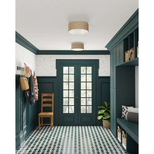 Coulton Flush Mount by Currey and Company in sugar white, natural. Made from wrought iron, abaca rope, acrylic diffuser in a coastal style.