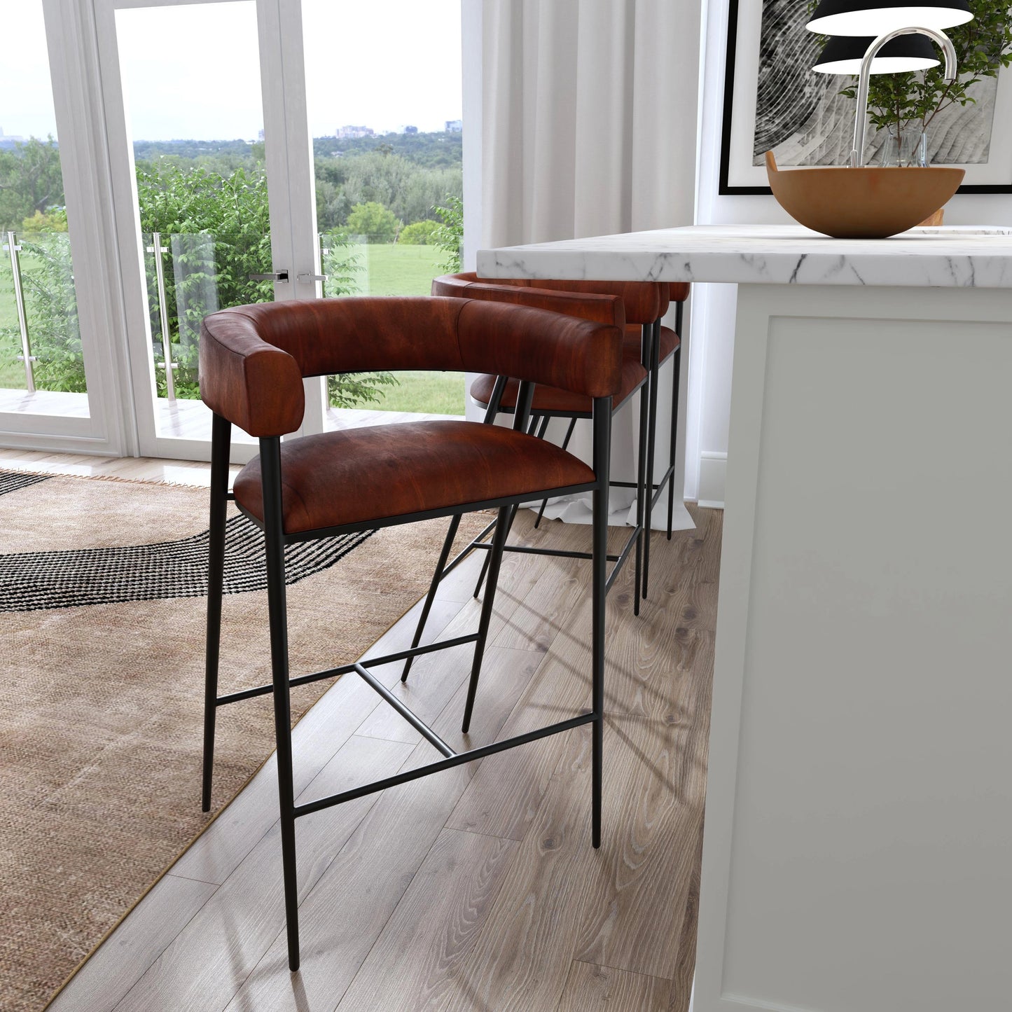 009 SI-1822262 | Lifestyle | Dallas Bar Stool by Butler Specialty Company in brown and brown leather. Made from upholstery: leather (goat leather) in a modern style.