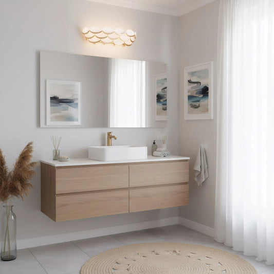 High Tide 4 Light Bath by Varaluz in gold. Made from steel, alabaster in a unique style.