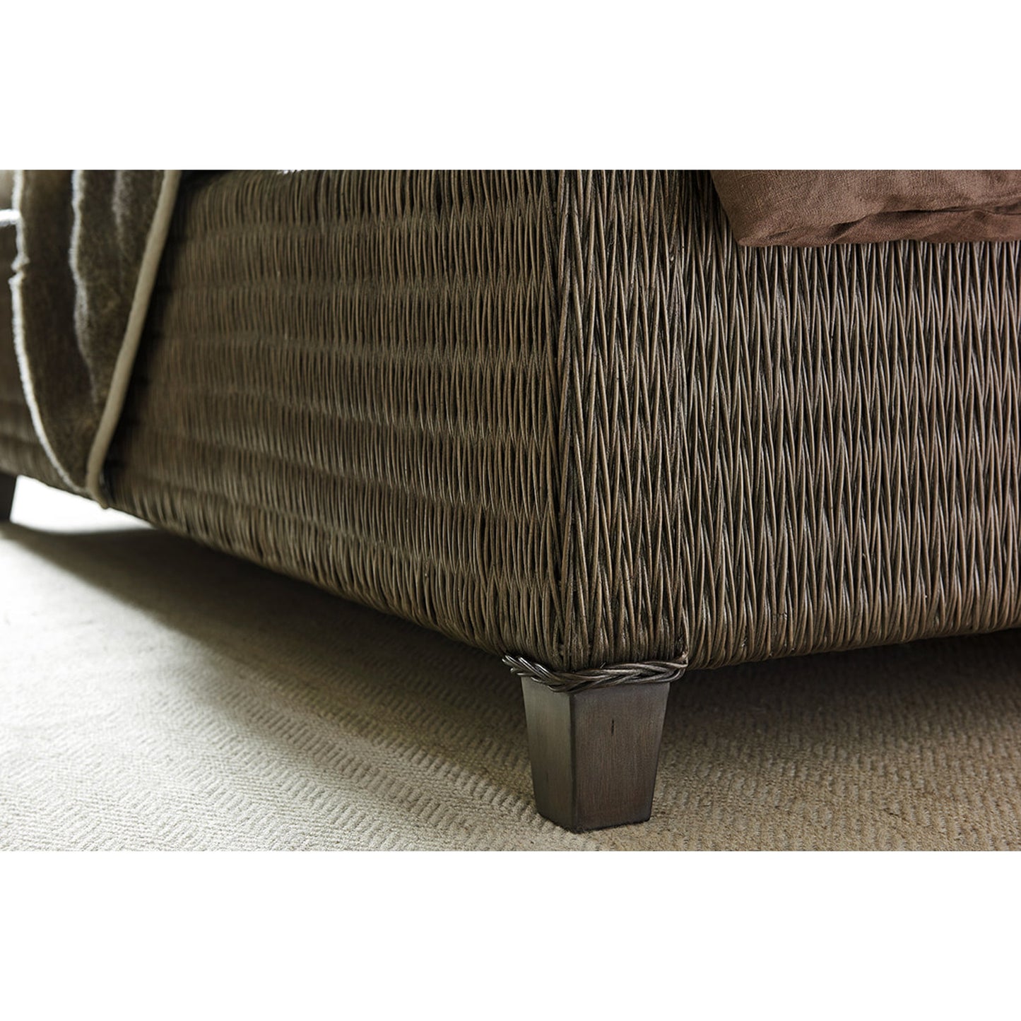 002 SR-836075 | Closeup | Driftwood Isle Woven Platform Bed by Tommy Bahama Home in smoke gray. Made from unique in a coastal style.