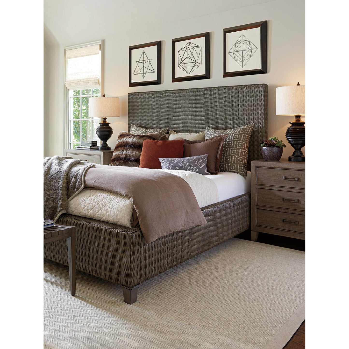 005 SR-836075 | Lifestyle | Driftwood Isle Woven Platform Bed by Tommy Bahama Home in smoke gray. Made from unique in a coastal style.