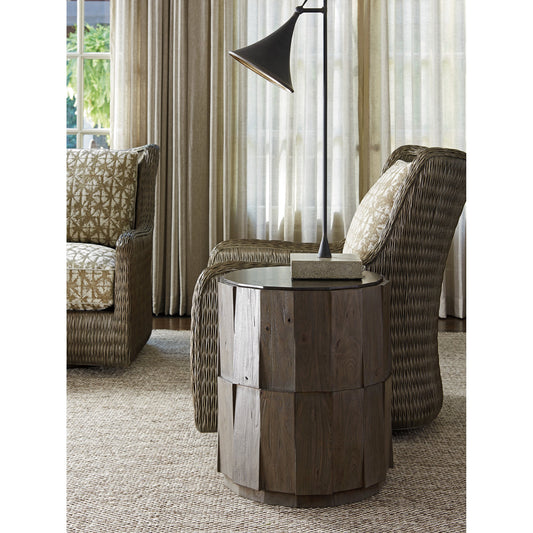Everett Round Travertine End Table by Tommy Bahama Home. Made from unique in a eclectic & global style.