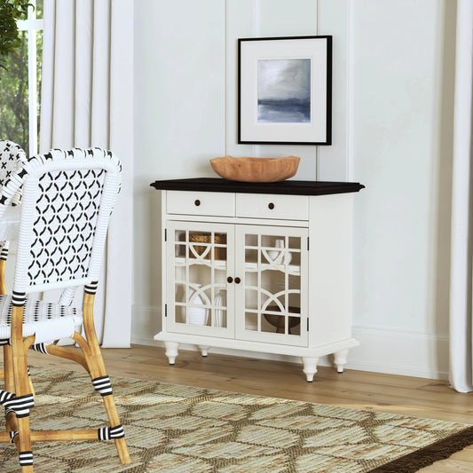 Rene 2 Door 2 Drawer Cabinet by Butler Specialty Company in white and glossy white. Made from bayur wood, mdf veneer, okume & regular glass in a cottage & farmhouse style.