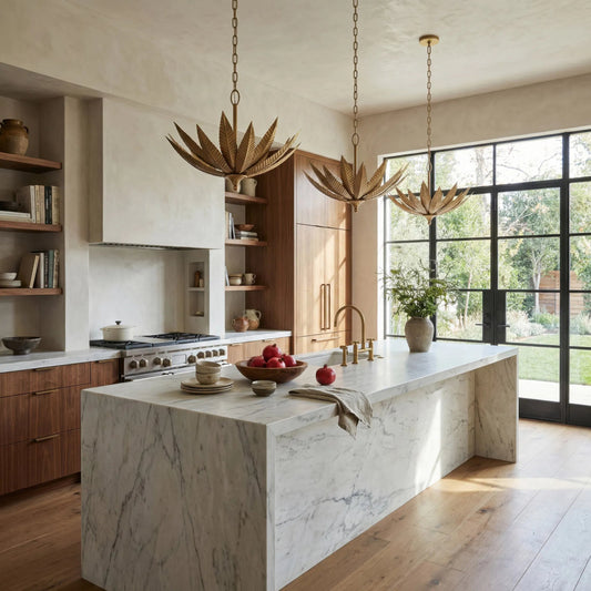 Zanara 6 Light Pendant by Varaluz in gold. Made from steel in a unique style.