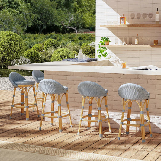 Tobias Outdoor Low Back Counter Stool by Butler Specialty Company. Made from aluminum: 80%, pe rattan weave: 20% in a eclectic & global style.
