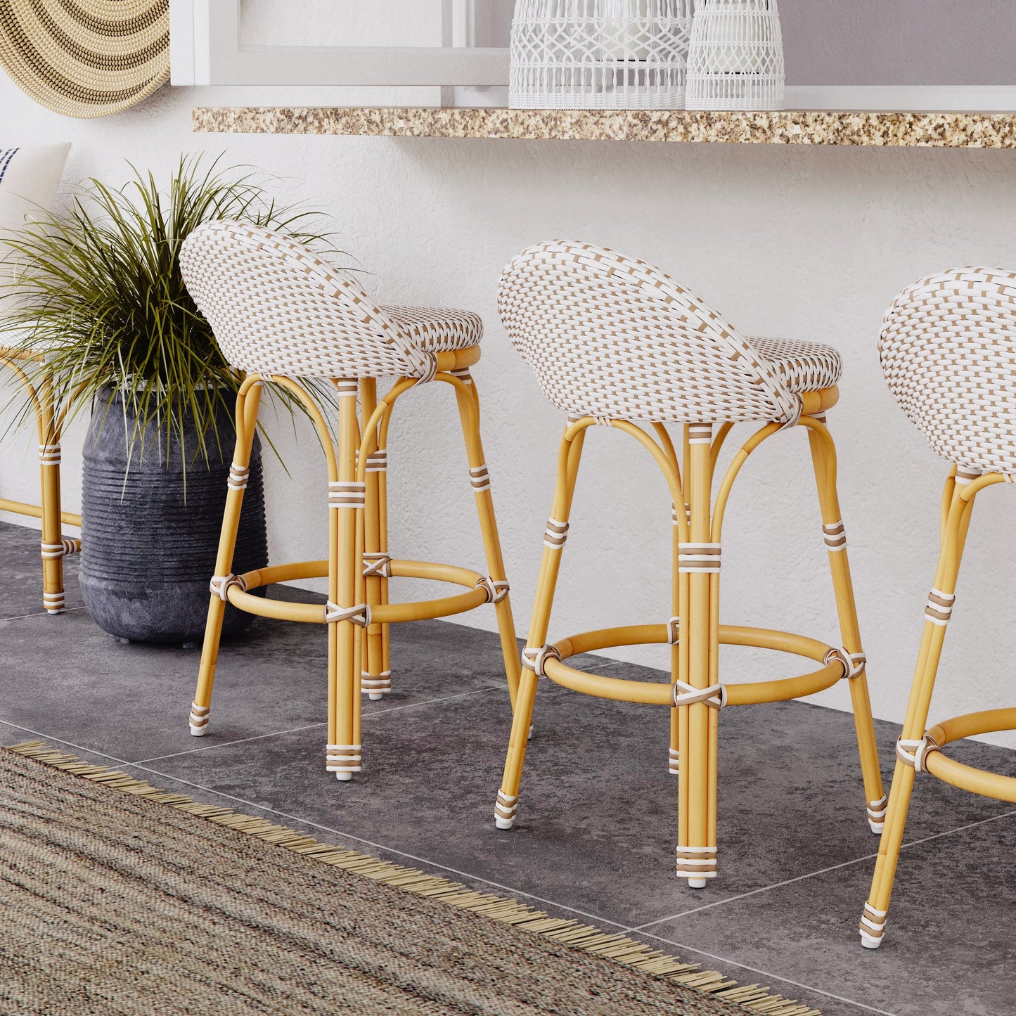 015 SI-2077749 | Lifestyle | Tobias Outdoor Rattan Low Back Counter Stool by Butler Specialty Company. Made from aluminum: 80%, pe rattan weave: 20% in a coastal style.