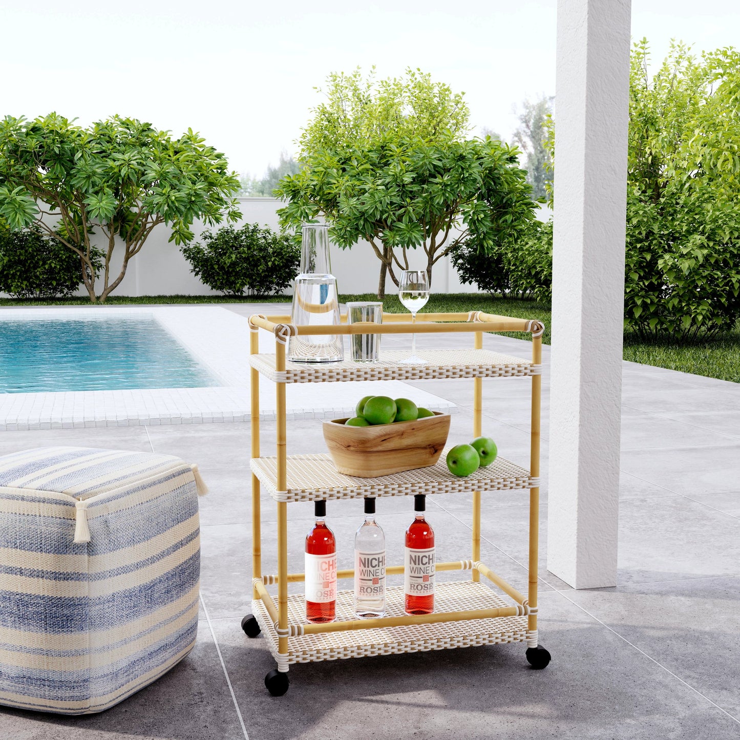 011 SI-2077753 | Lifestyle | Tobias Outdoor Rattan 3-Tier Bar Cart by Butler Specialty Company. Made from polyethylene rattan weave, metal in a coastal style.