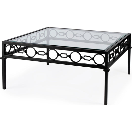 Southport Outdoor Coffee Table by Butler Specialty Company in black. Made from iron, clear glass in a transitional style.