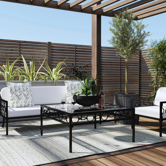 Southport Outdoor Coffee Table by Butler Specialty Company in black. Made from iron, clear glass in a transitional style.
