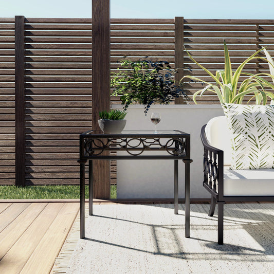 Southport Outdoor End Table by Butler Specialty Company in black. Made from iron, clear glass in a transitional style.