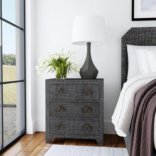 Bar Harbor Raffia 3 Drawer Nightstand by Butler Specialty Company. Made from gmelina solids, mdf, oak veneer, saguran raffia and zinc handle in a transitional style.