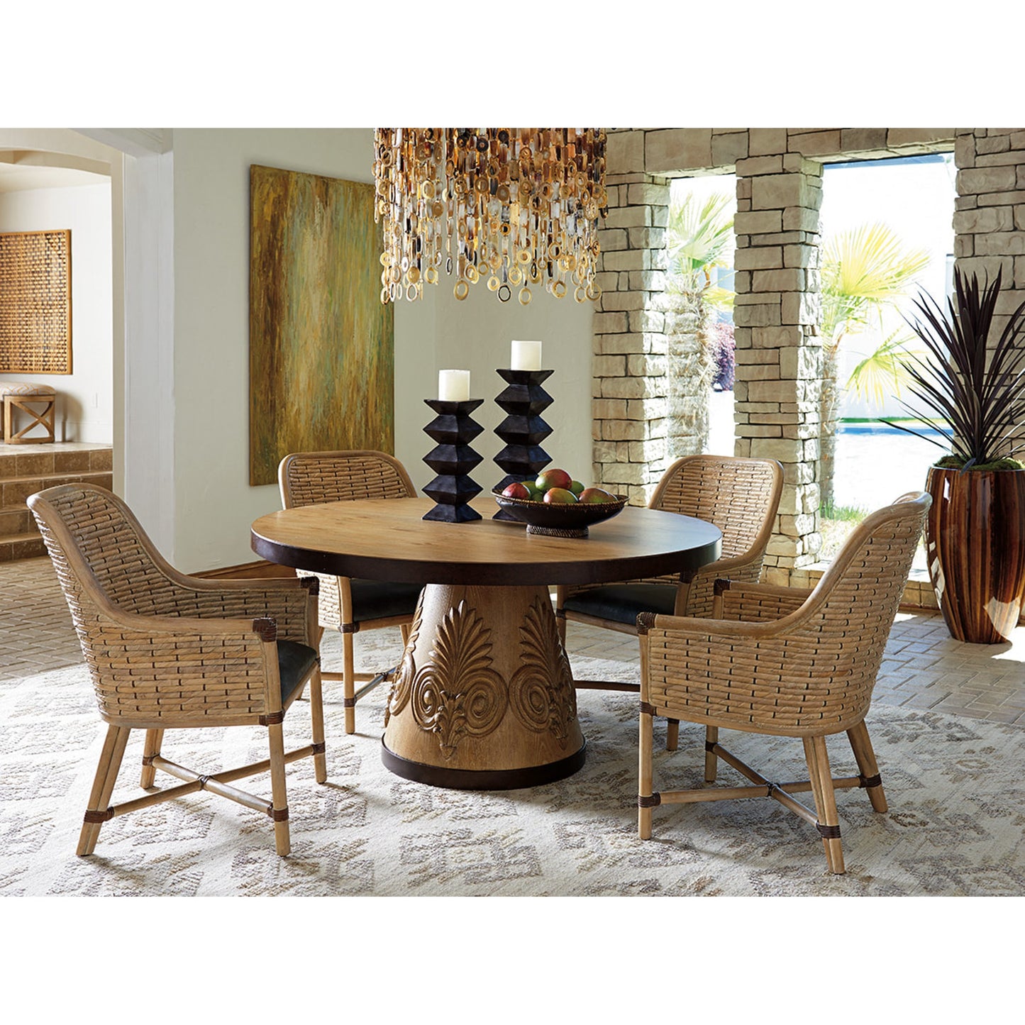 001 SR-836564 | Lifestyle | Weston Round Dining Table by Tommy Bahama Home. Made from unique in a transitional style.