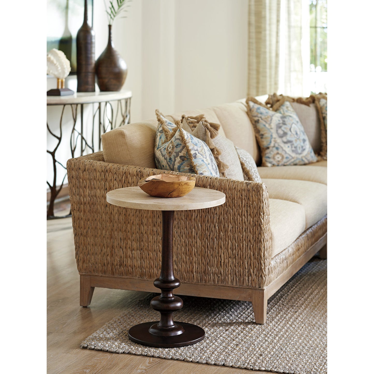 003 SR-836259 | Lifestyle | Marshall Stone Top Round End Table by Tommy Bahama Home. Made from unique in a transitional style.