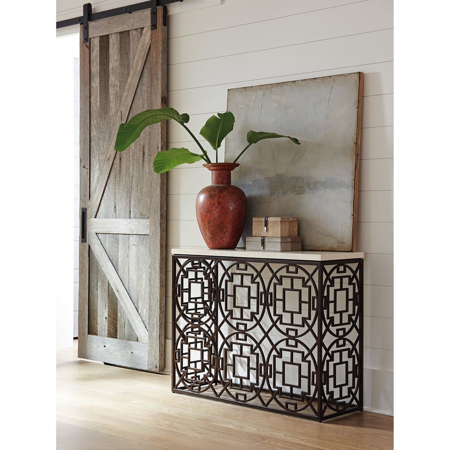 003 SR-835905 | Lifestyle | Ackermann Metal Console by Tommy Bahama Home. Made from unique in a transitional style.
