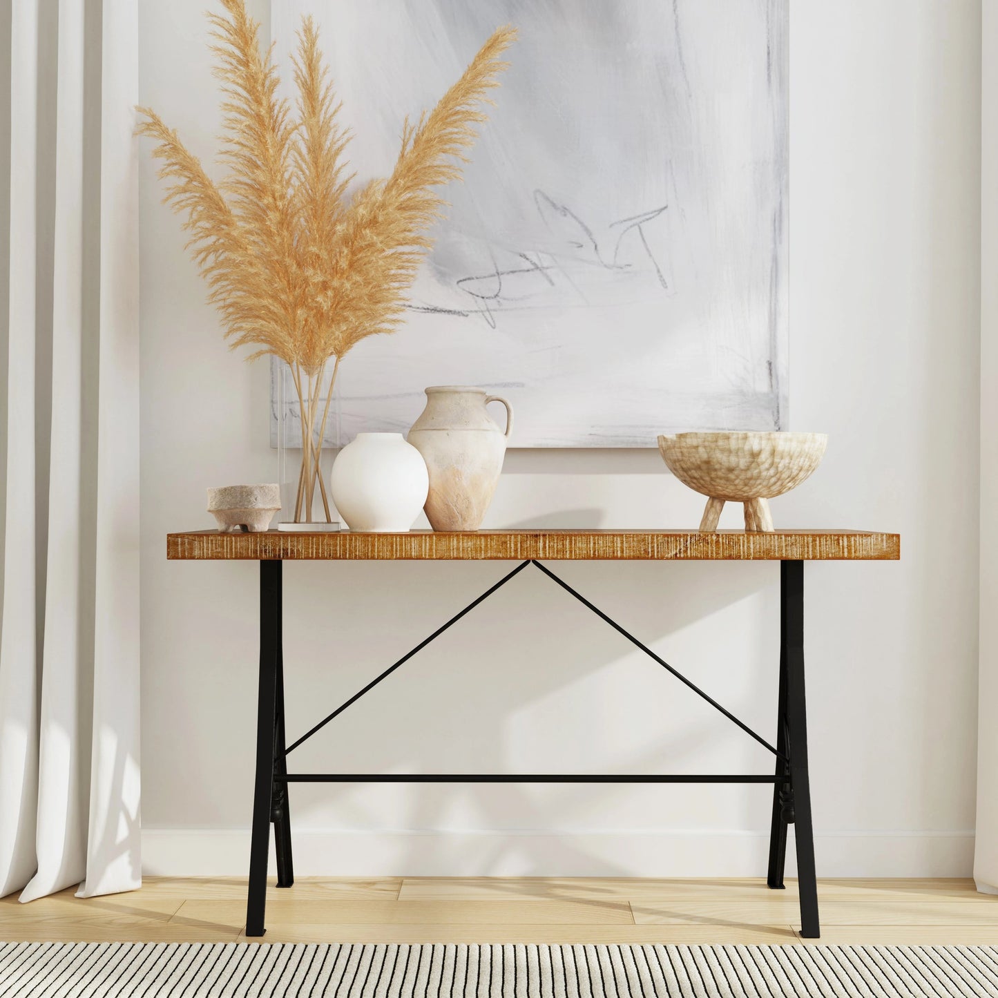007 SI-2077768 | Lifestyle | Croyden Console Table by Butler Specialty Company in medium brown and industrial chic. Made from iron, mango wood in a modern style.